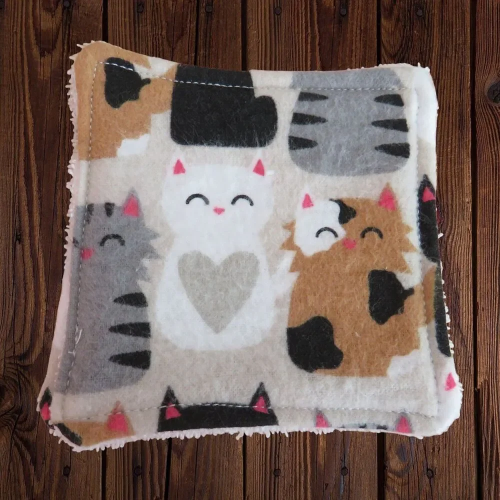 Handmade Makeup Remover Pads,  6 Square Pads With Cats, Flannel and Terry Cloth